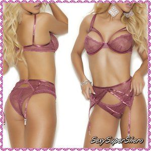 ππΉRose Wine 3 Piece Underwire Lingerie Set